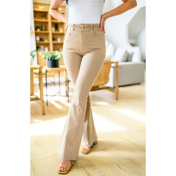 Judy Blue High Rise Double Waistband Flare Pant 7/28 Khaki Denim Tummy Control - Picture 13 of 15